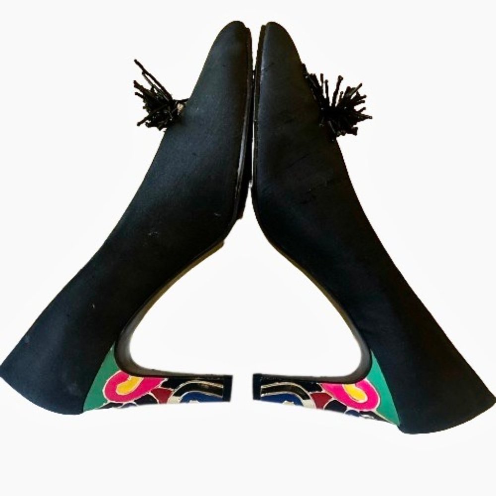 Vintage 80s Harve Benard Black Satin Pumps Pop Art Geometric Heel Womens 8.5